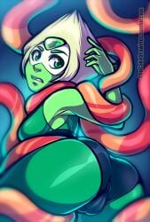 armpits artist_name ass cameltoe clothed clothing cupcake992 gem_(species) green_eyes green_skin imminent_sex looking_back peridot_(steven_universe) simple_background steven_universe tentacle tentacle yellow_hair