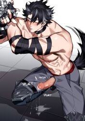 2d 2d_(artwork) abs after_masturbation black_hair bondage chains cum cumming_on_floor eriimyon genshin_impact gloves grey_eyes hi_res male male_only muscular_male nipples nipples_bulge no_balls no_text no_top on_knees partially_clothed_male pecs penis penis_out red_boxers ribs scars solo solo_male tail_wagging tied_up veiny_penis wolf_tail wriothesley_(genshin_impact)