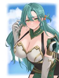 1girls absurdres aqua_hair armor bare_shoulders blue_sky bow braid breastplate breasts chloe_(fire_emblem) cleavage clothing cloud commission covered_navel cowboy_shot dress earrings elbow_gloves female female_only fire_emblem fire_emblem_engage gloves highres jewelry large_breasts leaning_forward long_hair looking_at_viewer nintendo orange_bow peli_cantaro shoulder_armor side_braid skeb_commission sky smile solo teardrop_earrings white_gloves