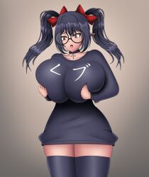 1girls big_breasts black_hair breasts clothed_female glasses grabbing_own_breast gradient_background grey_background huge_breasts indie_virtual_youtuber light-skinned_female oerba_yun_fang open_mouth pointy_ears red_eyes rev_says_desu round_glasses seelenfresserin solo solo_female suprised thick_thighs thighhighs thighs twintails virtual_youtuber vtuber