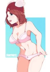 2d ale24x anime_style belly belly_button bent_over blue_background blue_eyes bow_bra bow_panties bra breasts brown_hair color colored female fortnite fortnite:_battle_royale lingerie long_hair looking_at_viewer mouth_open pink_lingerie simple_background skye_(fortnite) taking_clothes_off underwear white_background wings winter_hat