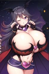 1girls ai_generated barely_contained bat_wings blush cape cat_(battle_cats) fat_thighs glaring gloves gray_hair hair_between_eyes hair_ornament halloween head_wings heart hi_res huge_breasts miniskirt night purple_eyes seductive succubus tagme the_battle_cats thundia tight_clothing vampire_costume wink wristband