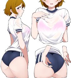 1girls adjusting_clothes ass blush bra bra_visible_through_clothes breasts buruma butt_crack cleavage embarrassed from_behind gluteal_fold gym_uniform koizumi_hanayo large_breasts liz_(piyoko_piyop) looking_at_viewer love_live! love_live!_school_idol_project multiple_views open_mouth pink_bra shirt sweating wet wet_shirt white_shirt