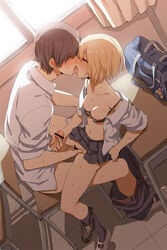 1boy 1boy1girl 1girls bag belt black_legwear black_panties blonde_hair blush bra bra_pull breasts brown_hair censor_bar censored classroom closed_eyes color couple curtains desk dutch_angle female fingering french_kiss handjob happy_sex kissing kneehighs mutual_masturbation navel nipples off_shoulder open_clothes original panties panties_around_leg panties_around_one_leg pants_pull penis pleated_skirt pointless_censoring profile pubic_hair pussy_juice pussy_juice_drip saitom saliva school_bag school_desk school_uniform shoes short_hair sitting skirt sleeves_rolled_up sweat tongue underwear uwabaki window