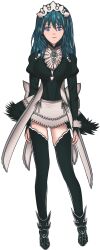 1girls alternate_costume bare_thighs blue_eyes boots breasts bridal_gauntlets byleth_(fire_emblem) byleth_(fire_emblem)_(female) cosplay dress felicia_(fire_emblem)_(cosplay) female female_only fire_emblem fire_emblem:_three_houses fire_emblem_fates full_body inner_thighs large_breasts long_sleeves looking_at_viewer maid maid_headdress mali-sa medium_hair nintendo smile solo teal_hair thighhighs thighs white_background