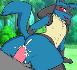 anal anal_sex anthro ass balls balls_touching blue_body blush bodily_fluids cum cum_in_ass cum_inside duo fur gay generation_4_pokemon genital_fluids genitals hi_res jhussethy looking_pleasured lucario male male/male nintendo on_bottom on_top penetration penis pokemon pokemon_(species) reverse_cowgirl_position sex tail yaoi