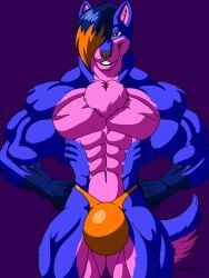 abs biceps big_muscles blue_fur bulge canine doodledan86 hair large_muscles looking_at_viewer male muscles muscular muscular_arms muscular_legs muscular_male muscular_thighs one_eye_covered pecs purple_eyes smile smiling speedo tail wolf