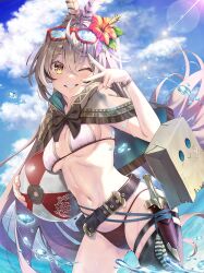 ball beach_ball belt belt_buckle bikini blue_sky bracelet breasts brown_hair buckle cloak cloud cowboy_shot dagger day eyewear_on_head fan_mascot_(vtuber) feather_hair_ornament feathers female floating_hair flower friend_(nanashi_mumei) hair_between_eyes hair_flower hair_ornament holding holding_ball hololive hololive_english hololive_english_-council- hololive_english_-promise- jewelry knife kubota_masaki light_brown_hair long_hair medium_breasts mismatched_bikini nanashi_mumei navel one_eye_closed ponytail sheath sheathed single_thighhigh sky smile solo sunglasses sunlight swimsuit teeth thigh_strap thighhighs v_over_eye very_long_hair virtual_youtuber vtuber water water_drop weapon