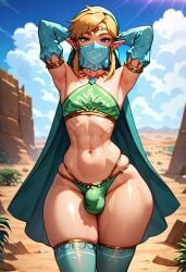 ai_generated big_ass big_butt blonde_hair bulge bulge_through_clothing crop_top dgallery ear_piercing elf elf_ears femboy flaccid flat_chest gerudo gerudo_link gerudo_top gerudo_veil link penis_outline seductive skimpy slim_waist small_penis stockings thick_thighs twink underwear