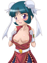 1girls beyblade beyblade_metal_fusion blue_hair blush breasts breasts_out chinese_clothes clothing exposed_breasts huge_eyes mei_mei_(beyblade) metal_fight_beyblade nipples purple_eyes solo white_background white_gloves