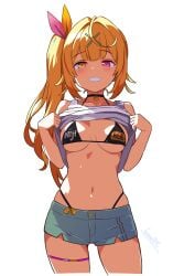 batta16th blonde_hair bra collar female heterochromia hoshikawa_sara hotpants lifting_shirt looking_at_viewer nijihub nijisanji ponytail pornhub_bra skindentation smile solo thong virtual_youtuber vtuber