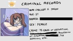 1girls big_breasts breasts brown_hair censor_bar chelsea_jakov_(lewdiscroustart) cleavage criminal ear_piercing female female_only glasses huge_breasts hyper_breasts id_card lewdicrousart middle_finger pale_skin round_glasses simple_face smiling sweater