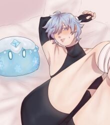 black_shorts black_topwear blue_eyes blue_hair blush chongyun_(genshin_impact) cryo_slime_(genshin_impact) genshin_impact high_gloves light-skinned_male light_skin nervous shy solo solo_male tight_clothing