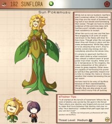 1girls blonde_hair creature_index english_text female female_focus front_view generation_2_pokemon hi_res kinkymation medium_hair monster_girl nintendo page_192 page_number plant_girl pokemon pokemon_(species) pokemorph pokemusu profile standing sunflora tagme text_box