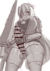 1futa arknights bagpipe_(arknights) balls bar_censor big_breasts bottomless breasts censored clothed clothing erection futa_only futanari horns huge_breasts huge_cock humanoid low-angle_view masturbation monochrome mostly_clothed noe_(ppppriver) penis sketch solo standing thighs