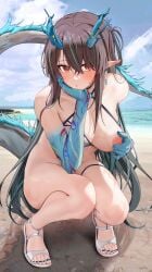 arknights bikini_top blue_nails dusk_(arknights) female horns nail_polish nipples painted_nails pointy_ears ru_zhai swimsuit tail