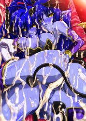 2demons 2girls after_sex asmodeus_(shinrabanshou) ass ass_grab astaroth_(shinrabanshou) blue_hair blue_nipples blue_skin breasts bukkake censored clothing cum cum_inside cum_on_ass cum_on_breasts cum_on_hair cum_on_legs cum_on_lower_body demon_girl horns large_breasts long_hair pussy shinrabanshou spread_legs succubus sweat tail wings yellow_eyes