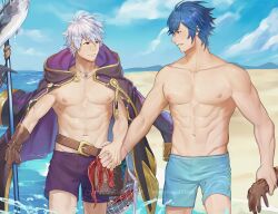 0vv0b 2boys abs beach blue_eyes blue_hair blue_male_swimwear brown_gloves brown_jacket cape chrom_(fire_emblem) commission fire_emblem fire_emblem_awakening fish gloves grey_hair jacket male male_focus male_only male_swimwear multiple_boys muscular muscular_male navel nintendo nipples ocean polearm purple_cape purple_male_swimwear robin_(fire_emblem) robin_(fire_emblem)_(male) romantic romantic_couple short_hair smile stomach tentacle topless_male weapon wholesome yaoi zhineart