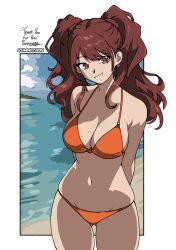 1girls arms_behind_back beach big_breasts bikini brown_hair busty cleavage damonfive0 female female_only kujikawa_rise large_breasts legs navel orange_bikini persona persona_4 smile solo thighs twintails