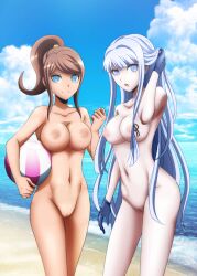 2girls asahina_aoi blue_eyes blue_hair blue_kyoko danganronpa drlarp edit female female_only kirigiri_kyouko multiple_girls shaved_pussy