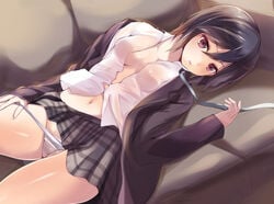 big_breasts breasts couch inaba_himeko kokoro_connect pointy_chin tagme