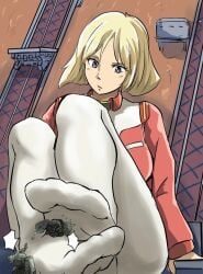 1girls blonde_hair blue_eyes feet giantess gundam macro marumo_(artist) mecha military_uniform mobile_suit_gundam sayla_mass