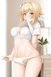 1girls blonde_hair blush bra clothing cute eyebrows_visible_through_hair female genshin_impact hair_ribbon highres indoors legs_together looking_at_viewer lumine_(genshin_impact) matching_underwear medium_breasts medium_hair midriff mouth_hold navel panties shengtian shirt shirt_lift short_hair solo_female teasing underwear undressing white_bra white_panties white_shirt white_underwear wide_hips yellow_eyes