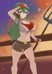 1girls armpits cleavage farmgirl female female_only fire_emblem fire_emblem_awakening green_eyes green_hair in2naps large_breasts nintendo pitchfork shorts solo tiki_(adult)_(fire_emblem) tiki_(fire_emblem)