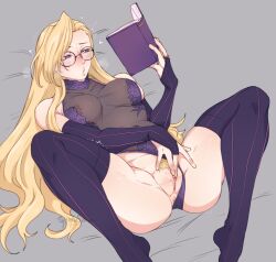 1girls anus bent_legs blonde_hair blonde_pubic_hair blush book breasts breasts_visible_through_clothing commission female female_only fingering fingering_pussy fingering_self gauntlets glasses grey_background gyarusatan hi_res holding_book legwear leotard leotard_aside long_hair lying lying_on_back masturbation narrowed_eyes nipples pubic_hair pussy reading_book round_glasses see-through see-through_clothing solo