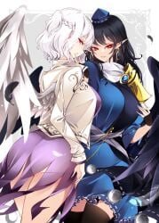 2girls ass big_breasts blue_hair breasts clothed_female dat_ass hips iizunamaru_megumu light-skinned_female long_hair portrait raptor7 red_eyes sagume_kishin tengu thick_hips thick_thighs thighhighs thighs touhou white_background wings