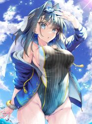 ass_visible_through_thighs blue_jacket bow bow_earrings bracelet breasts cloud covered_navel earrings female goggles goggles_on_head hololive hololive_english hololive_english_-council- hololive_english_-promise- jacket jewelry kubota_masaki large_breasts one-piece_swimsuit ouro_kronii solo striped striped_one-piece_swimsuit sunlight swimsuit virtual_youtuber vtuber water