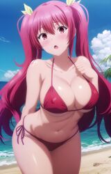 1girls ai_generated arisato_yu bare_shoulders belly belly_button big_breasts bikini bikini_bottom bikini_top blush cleavage erect_nipples female_focus female_only half_naked hard_nipples holding_bikini_top holding_strap light_skin looking_at_viewer midriff navel nipples_through_clothes nipples_visible_through_clothing open_mouth pink_hair rakudai_kishi_no_cavalry red_bikini shiny_skin solo solo_female standing stella_vermillion swimsuit swimwear twintails