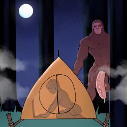 anthro balls big_balls big_penis bigfoot foreskin furry girly kiddeathx_(artist) male male_only penis sasquatch tent