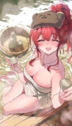 :d =w= barefoot clear_water closed_eyes cute cute_fang fingernails happy hololive hololive_fantasy hololive_japan houshou_marine huge_breasts naked_towel necklace offering offering_sex onsen playful sake sake_bottle sake_cup sleep_mask smile steam teddy_bear thick_thighs thighs twitter_username virtual_youtuber water watermark wet wet_body wet_skin