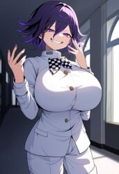 ai_generated breasts danganronpa danganronpa_v3 evil_grin evil_smile gender_transformation genderswap_(mtf) gigantic_breasts huge_breasts kokichi_ouma large_breasts ouma_kokichi purple_eyes purple_hair rule_63 school school_uniform slut slutty_outfit stable uniform white_uniform