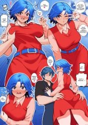 blue_belt blue_hair blush breast_grab brown_eyes dialogue embarrassed embarrassed_female emily_(stardew_valley) female groping groping_ass groping_breasts mushymushy_desu red_dress satansoft1 short_hair stardew_valley suprised_expression