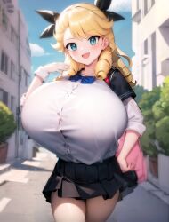 1girls ai_generated blonde_hair blue_eyes blush bow city cuffs drill_hair fat_thighs hair hand_on_hip hi_res huge_breasts long_hair looking_at_viewer myrcia purse raised_eyebrow smiling tagme the_battle_cats tree