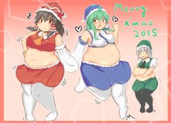 2015 bbw belly_grab belly_overhang big_belly big_breasts big_female blush christmas christmas_clothing christmas_headwear christmas_outfit chubby chubby_female embarrassed fat fat_ass fat_female fat_fetish fat_girl fat_rolls fat_woman fatty holding_belly large_female nengorogoro obese obese_female overweight overweight_female plump pork_chop reimu_hakurei sanae_kochiya thick_thighs touhou tubby weight_gain youmu_konpaku