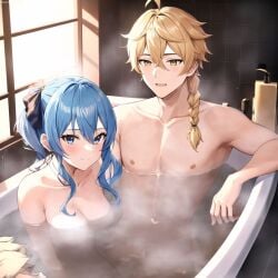 1boy 1girls aether_(genshin_impact) ai_generated bath bathing bathroom bathtub blonde_hair blue_hair braid breasts crossover female genshin_impact holding hololive hoshimachi_suisei in_water long_hair male/female mihoyo mixed_bathing muscular smiling straight virtual_youtuber water