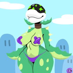 arm_spikes big_breasts breasts clothing elemental_creature emmet_twunks female flora_fauna front_view hi_res mario_(series) nintendo outdoors pasties piranha_plant plant plantie smile solo spikes spikes_(anatomy) super_mario_bros. thick_thighs thong underwear venus_the_piranha_plant