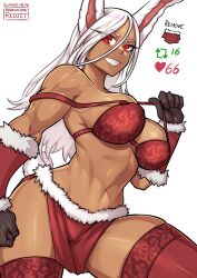 big_breasts bra breasts christmas dark-skinned_female dark_skin female fur_trim gloves loincloth long_hair meme miruko my_hero_academia patreon_url pelvic_curtain red_eyes redjet rumi_usagiyama solo_female strip_game thighhighs twitter_strip_game white_hair