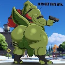 anthro ass balls big_balls big_butt dragon epic_games flaccid fortnite genitals gun hi_res holding_object holding_weapon huge_butt humanoid hybrid_(fortnite) looking_back male male_only muscular penis possbooty ranged_weapon scalie slightly_chubby solo solo_male thick_thighs weapon