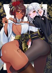 2girls absurdres ass asymmetrical_docking bare_shoulders black_kimono blanc_(nikke) blanc_(white_rabbit)_(nikke) blush bodystocking breast_press breasts brown_hair cleavage dark-skinned_female dark_skin embarrassed flower frills goddess_of_victory:_nikke gold_nails hair_flower hair_ornament hairpin hanetsuki heart highleg highres holding ink itsuki_isshiki japanese_clothes kimono large_breasts light_skin light_skinned_female looking_at_viewer lower_teeth_only medium_breasts multiple_girls nail_polish noir_(black_rabbit)_(nikke) noir_(nikke) oerba_yun_fang official_alternate_costume pantyhose red_flower revealing_clothes siblings sisters skin_fang skindentation smile stockings teeth thighhighs white_hair yellow_eyes