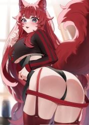 animal_ears ass astraline blue_eyes blush esencey garter_straps indie_virtual_youtuber lumi_(merryweather) red_hair thighhighs underboob virtual_youtuber vtuber wolf_ears