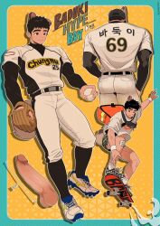 1boy animal_ears ass back baduki_(ten_g89) ball bandaid bandaid_on_knee bandaid_on_leg bara baseball baseball_cap baseball_jersey baseball_mitt baseball_uniform belt black_belt black_hair black_headwear black_socks blue_footwear brown_eyes character_name closed_mouth clothes_lift cropped_legs dark-skinned_male dark_skin disembodied_penis dog_boy dog_ears dog_tail erection eyebrow_cut fanny_pack full_body green_shorts hat highres holding holding_ball large_penis layered_sleeves long_sleeves male_focus midair midriff_peek multiple_views muscular muscular_male original pants pectorals penis playing_sports scar scar_on_cheek scar_on_face shirt shoes short_hair short_over_long_sleeves short_sleeves shorts sideburns skateboard skateboarding smile sneakers socks solo_male sportswear tail ten_g89 tenji_(ten_g89) testicles tongue tongue_out uncensored white_pants white_shirt white_socks white_wristband yellow_background