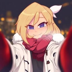 blonde_hair blue_eyes blush city_background coat cozy fangs happy holding_cheeks holding_viewer looking_at_viewer nelly night pov scarf spider_girl warm wholesome winter xyroni