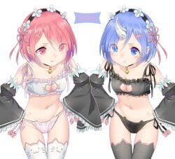 2girls bell_collar black_panties blue_eyes blue_hair breasts cat_cutout cleavage_cutout collar detached_sleeves female female_only hair_ornament horn human maid maid_headdress matching_hair/eyes midriff navel oni oni_horns pink_eyes pink_hair pink_panties puffed_cheeks ram_(re:zero) re:zero_kara_hajimeru_isekai_seikatsu rem_(re:zero) short_hair simple_background sisters small_breasts thighs twins x_hair_ornament