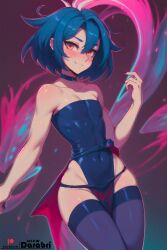 abstract_background absurd_res ai_generated blue_hair blush collar cute cute_male darabri femboy feminine_male flat_chest flat_chested flushed girly logo looking_at_viewer muscular otoko_no_ko patreon patreon_logo petite pov red_eyes slutty_outfit stockings strapless thick_thighs thighs tight_clothing tight_fit trap