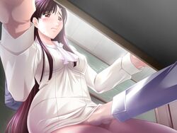 blackboard blue_shirt blush classroom closed_mouth dress fingering long_hair maki_yahiro male_hand onna_kyoushi_chijoku_no_senritsu red_eyes red_hair shinamoto_kasumi shirt short_dress sweat white_dress