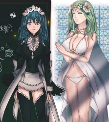 2girls alternate_costume bare_arms bare_legs bare_thighs bikini blue_eyes breasts bridal_gauntlets byleth_(fire_emblem) byleth_(fire_emblem)_(female) cape chalkboard cleavage closed_eyes cosplay drawing dress felicia_(fire_emblem)_(cosplay) female female_only fire_emblem fire_emblem:_three_houses fire_emblem_fates fire_emblem_heroes flower full_body green_hair hair_flower indoors inner_thighs japanese_text large_breasts legs long_sleeves looking_at_viewer maid maid_headdress mali-sa medium_hair multiple_girls nintendo official_alternate_costume own_hands_together rhea_(fire_emblem) rhea_(summer)_(fire_emblem) sideboob smile sparkles swimsuit teal_hair text thighhighs thighs white_bikini white_swimsuit